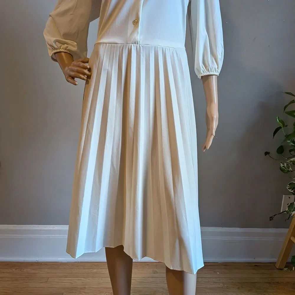 Vintage 80s White Midi Dress High Neck Button Front Victorian Pleated Size 12